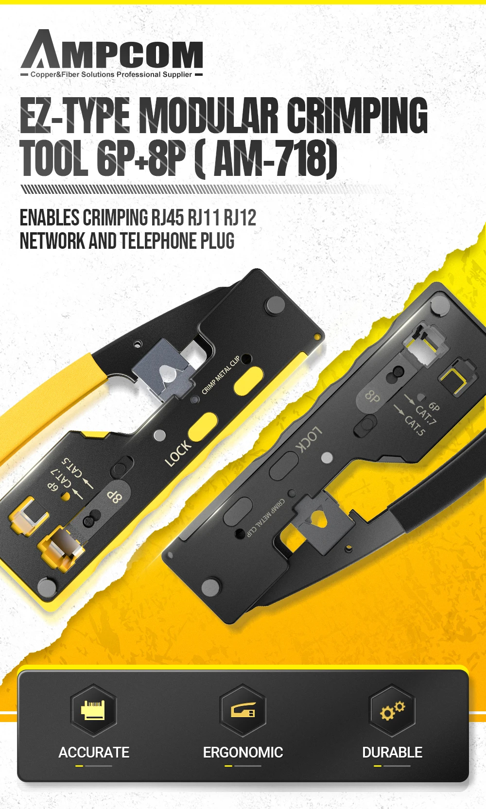 Ampcom-Ez-Typ rj45 Netzwerk Crimper-Crimp/Cut-lan cat8/7/6a/6/5e (stp/utp/mit Heck clip) & rj11/12 tel modulares Kabel (am-718) – Detail 1
