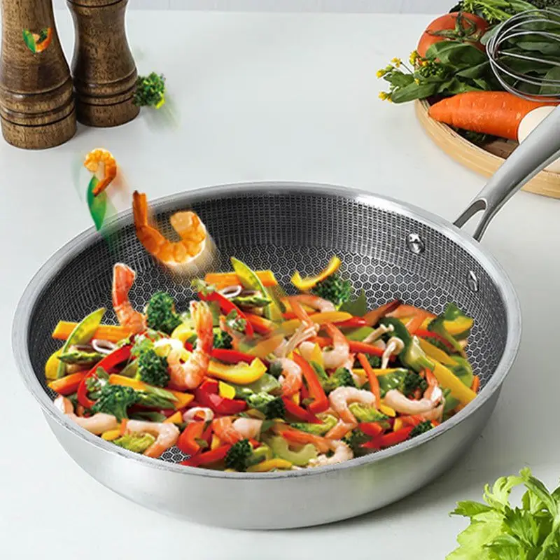 Stainless Steel 12 Inch Wok Pan w/ Lid Stir-fry Pans, Honeycomb