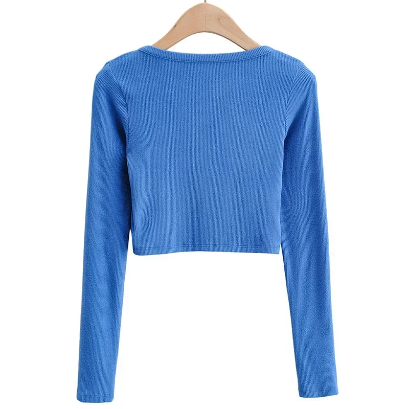 Slim V-neck Long Sleeve Bottomed Womens Tops And Blouses High Street Solid Color Open Navel Cardigan
