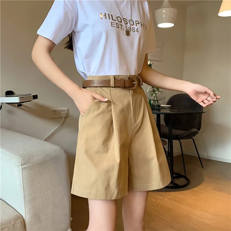 keiki kona shorts Suit Shorts Female with Belt Summer 2021 New Korean High Waist Slim Loose Straight Wide Leg Pants Women Casual Five Point Pants high waisted denim shorts