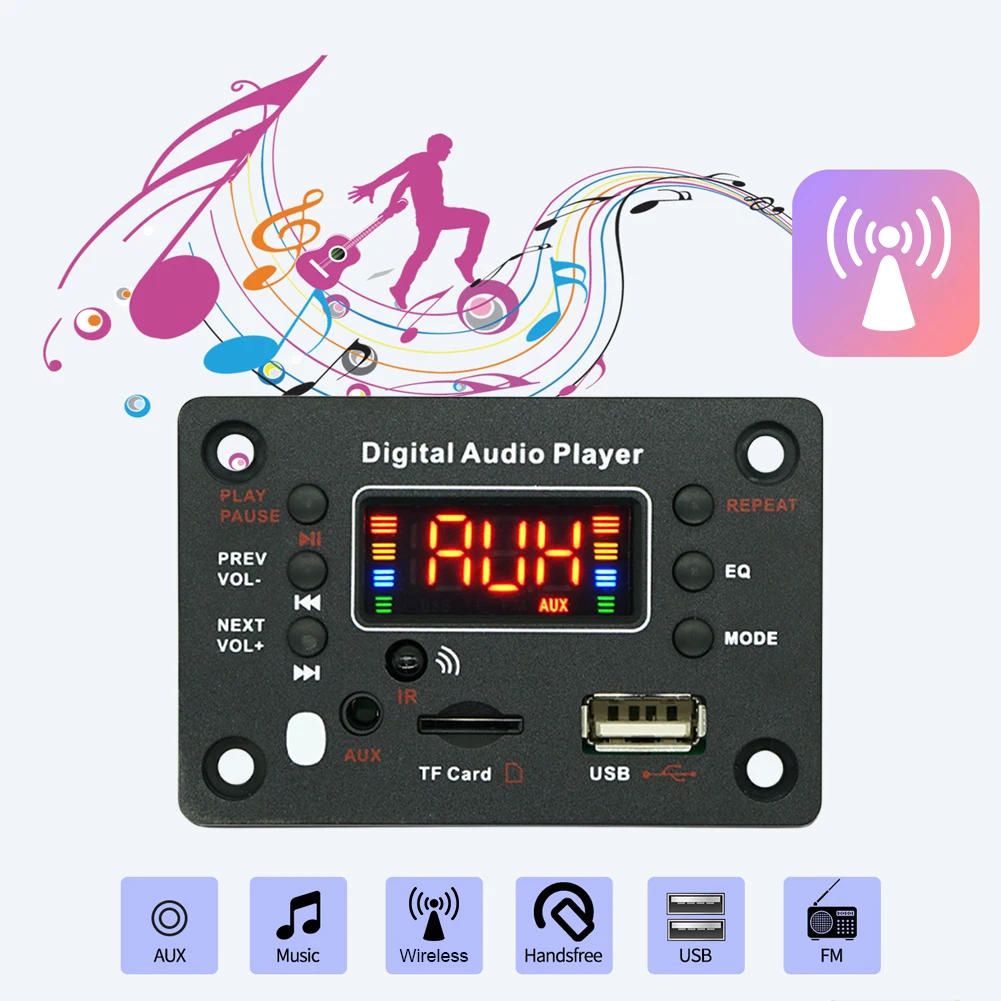 

Wireless BT 5.0 12V MP3 WMA Decoder Board with Remote Control Audio Player Support TF USB AUX FM Radio for Car