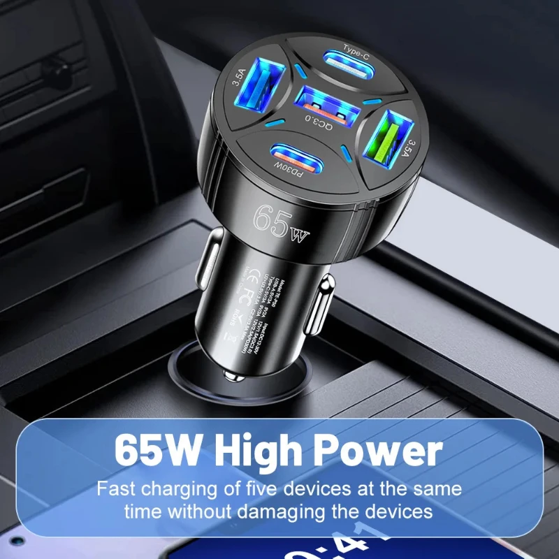 5 Port 65W USB Car Chargers Type C Car Charger Fast Charging PD QC3.0 Phone Charger in Car Cigarette Lighter Flash Charge - 3
