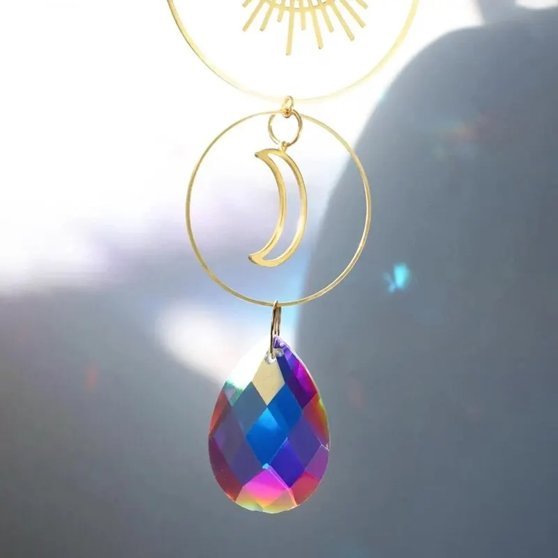 Crystal Wind Chimes with Star and Moon Sun Prism Ball Garden Decoration Piece