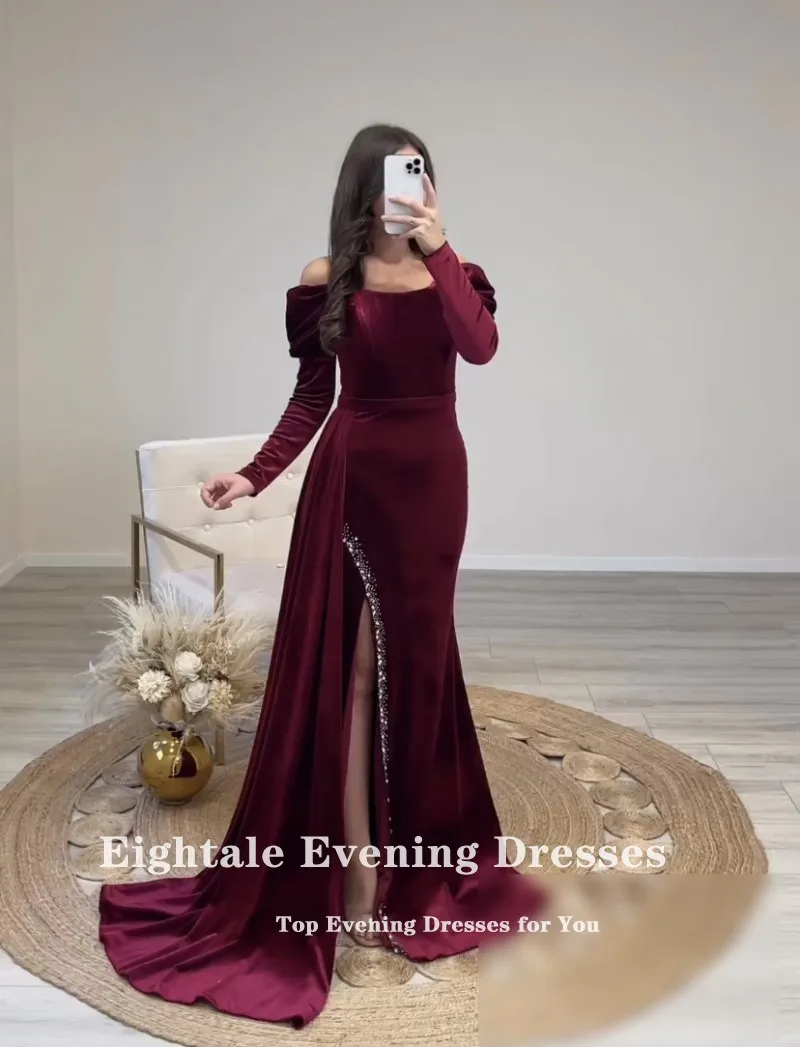 Opened Long Sleeve Satin Burgundy Evening Gown 7475B – Sparkly Gowns