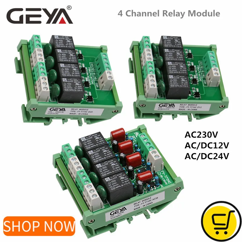 

GEYA 4 Channel Relay Module 1 SPDT DIN Rail Mount 12V 24V DC/AC Interface Relay Module 230VAC