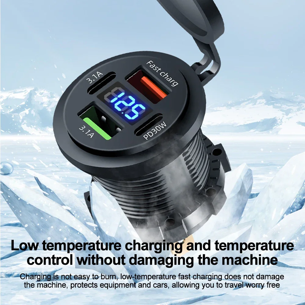 83W 차량용 충전기 소켓 PD30W 빠른 충전 듀얼 USB + 유형 C 콘센트 전화 전원 어댑터 (오토바이 트럭 보트 용 전압계 포함)