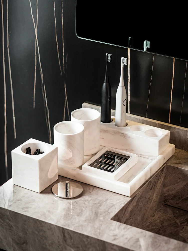 Marble Electric Toothbrush Shelf Light Luxury Hotel Style Couple Mouthwash Cup Bathroom Wash Table Storage Set