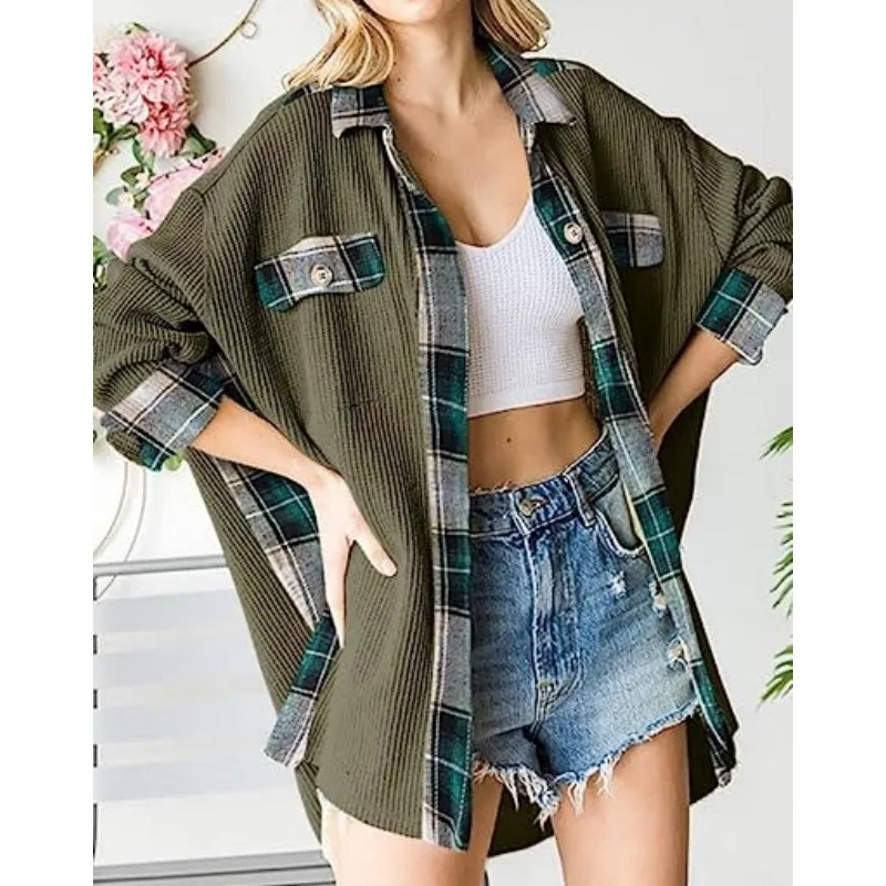 Womens Waffle Knit Plaid Shacket Boyfriend Button Down Shirt Jacket Loose Long Sleeve Tops