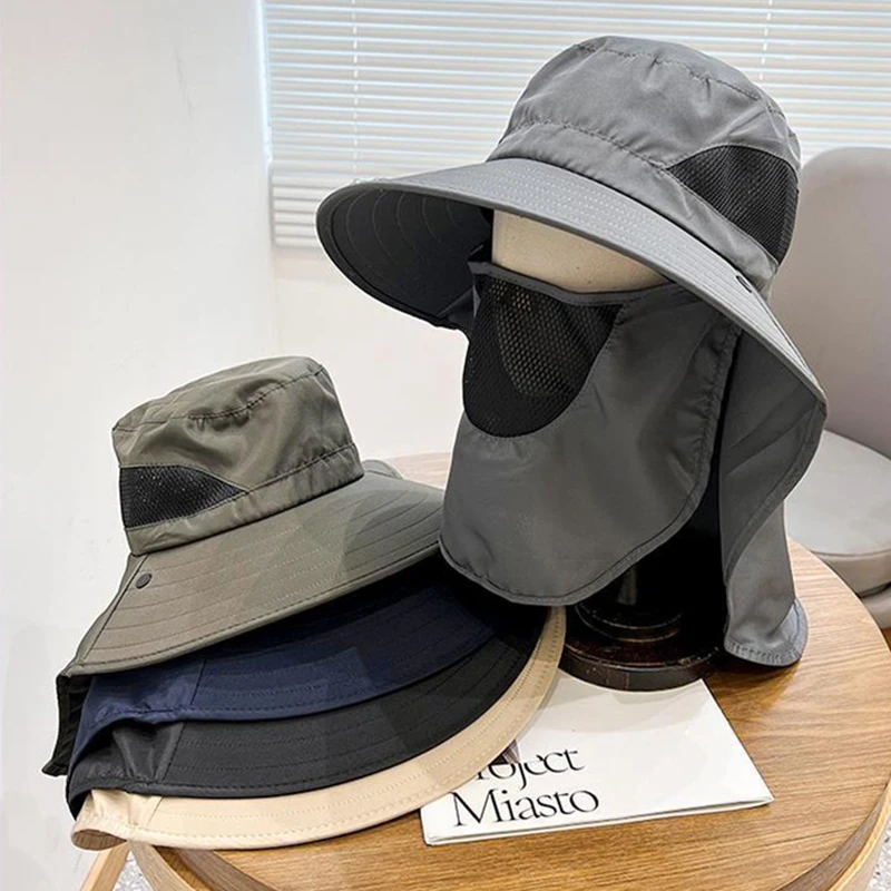Sıcak Satış Erkekler Geniş Büyük Kenarlı Güneş Yaz Açık Hava Balıkçılık Yürüyüş Kova Şapka Erkek UV Boyun Koruması Şal Vizör Şapka_voghion.com