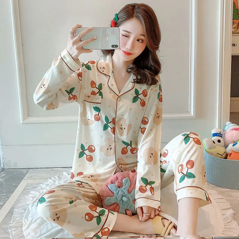 Spring Autumn Women's Milk Silk Pajamas Long Sleeve Cardigan Pants Loose Casual Home Clothing Set Girl Sweet Cute Sleepwear