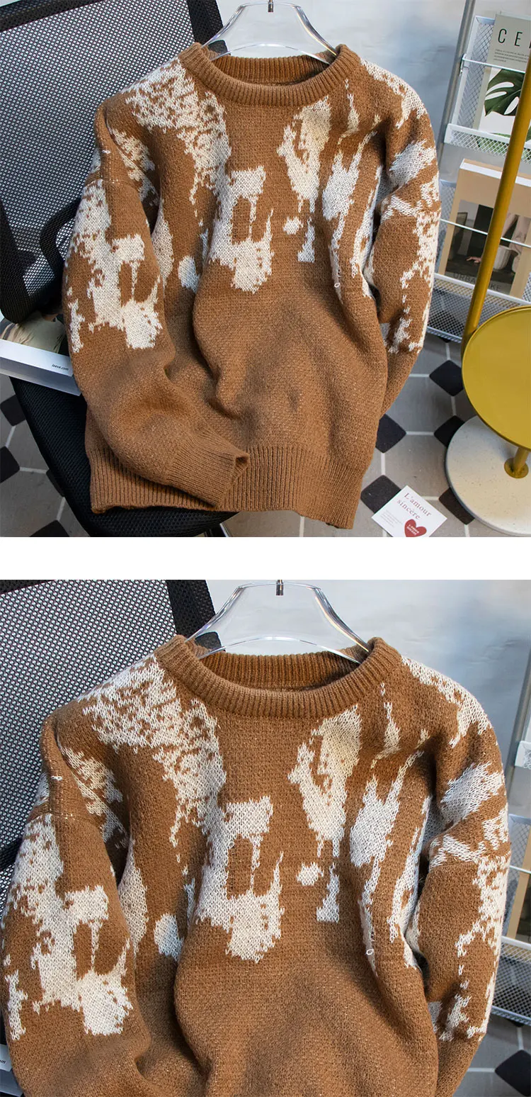 Description Picture 5 of item2024 Men Spring Autumn Fashion Long Sleeve Jacquard Sweater Top Male Round Neck Knitted Tops Mens Loose Pullover Jumpers S108