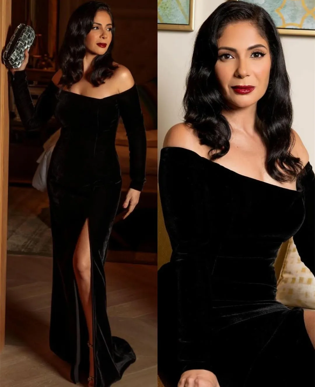 

Long Sleeve Black Muslim Evening Dresses With Slit Mermaid Boat Neck Zipper Back Robe De Mariée Party Gown For Women