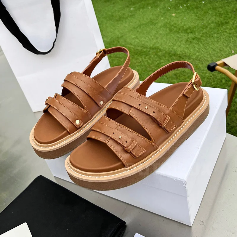 

Сандалии женские на плоской подошве, дизайнерская обувь с пряжкой на щиколотке, удобные босоножки на толстой подошве, лето