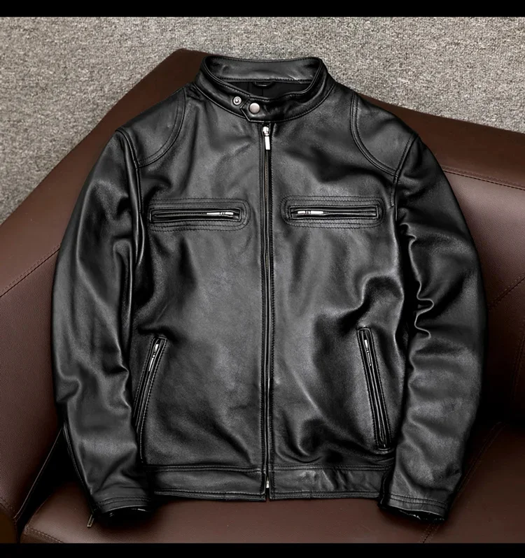 

Free shipping Classic Rider.Wholesales.Popular Plus size soft cowhide Jacket,men slim genuine Leather coat.biker leather clothes