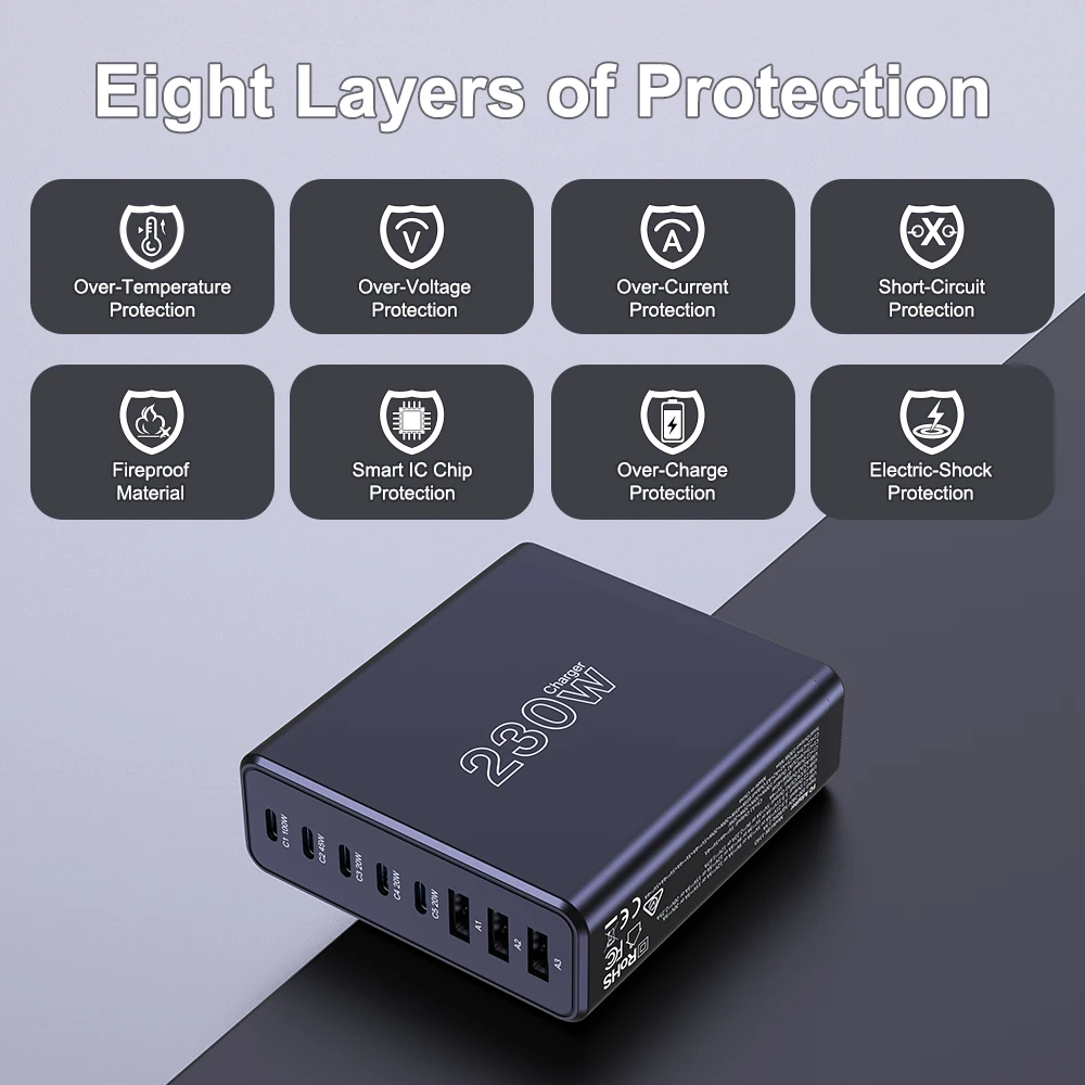 Высокоскоростное зарядное устройство TQUQ 230 Вт 8 в 1 с несколькими портами USB Тип C PD настольная Быстрая зарядка электростанция для iPhone 15 Samsung Xiaomi (art.: 3920c72ffec4e) - 3920c72ffec4e