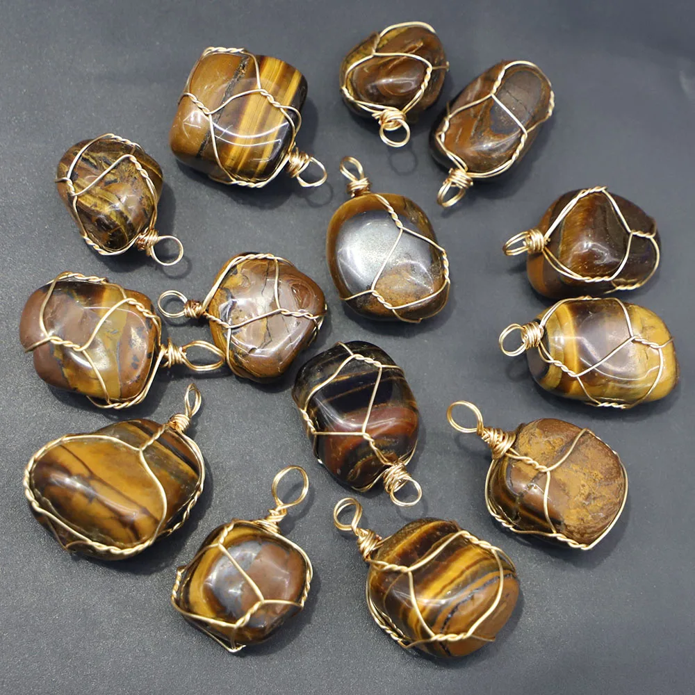 Natural Stone Gold Line Wire Winding Necklace Pendants Irregular Multicolor Quartz Crystal Agate Charms Jewelry Accessories 8Pcs