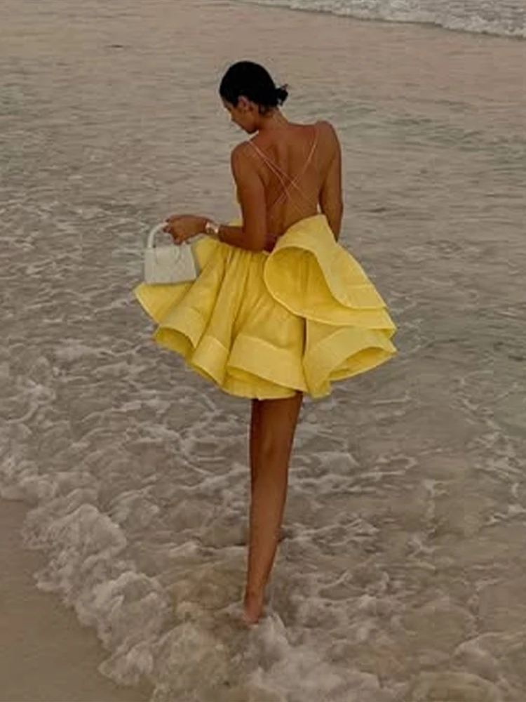 Summer Beach Pleated Women's Maxi Dress Sweet V Neck Sleeveless Lace Up Short Dresses Female Elegant Solid Lady Ball Gown Party 2