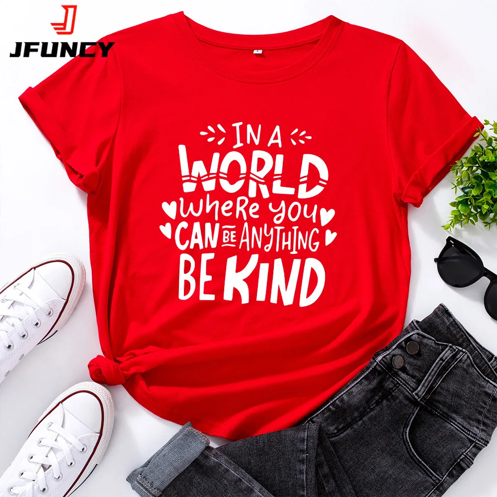 

JFUNCY 100% Cotton Women's T-shirt Creative Letters Print Graphic Tees Female T Shirt Women Tops Short Sleeve Tshirt