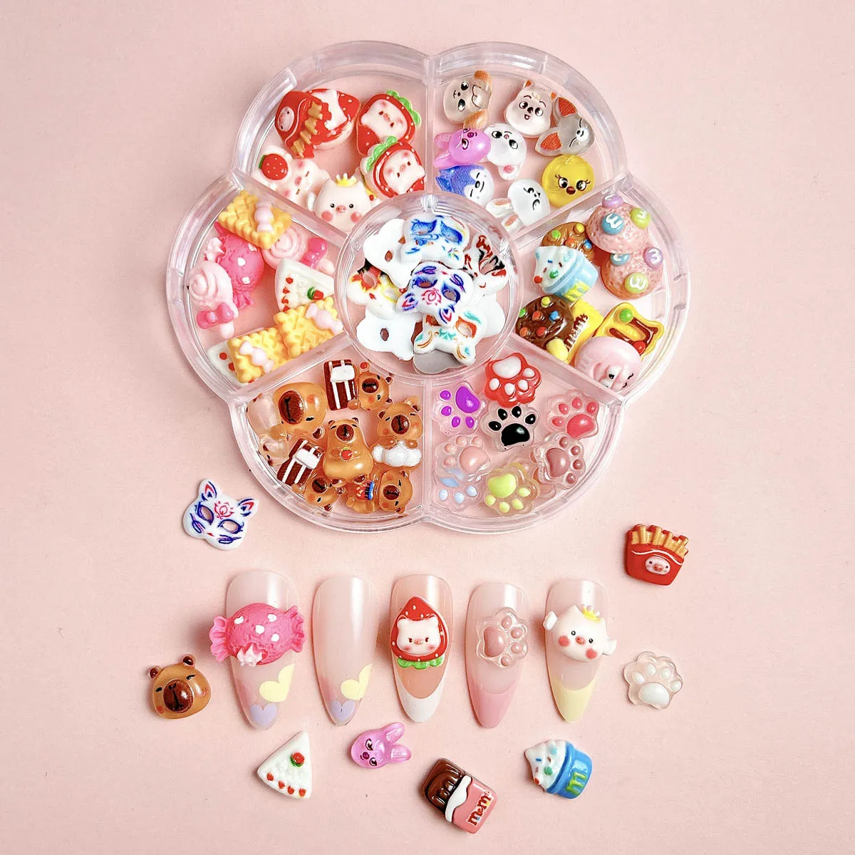 1Box Mixed Cute Simulated Dessert Candy Butterfly Nail Art Decorations 3D Resin Cartoon Cat Fish Bear Nail Charms Supplies 6
