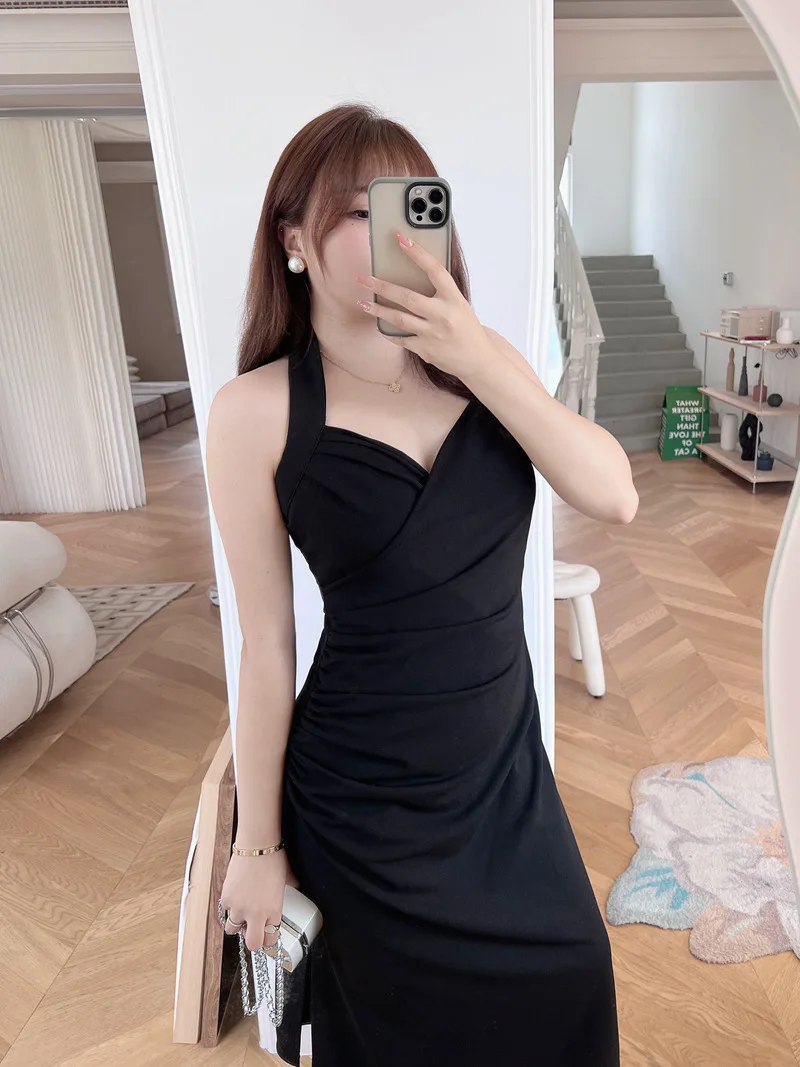 

Black Plus Size Dress for Women 2023 New Bodycon Sexy Neck-mounted Midi Dress Fem Hight Waist Halter Slim Dress for Daily Party