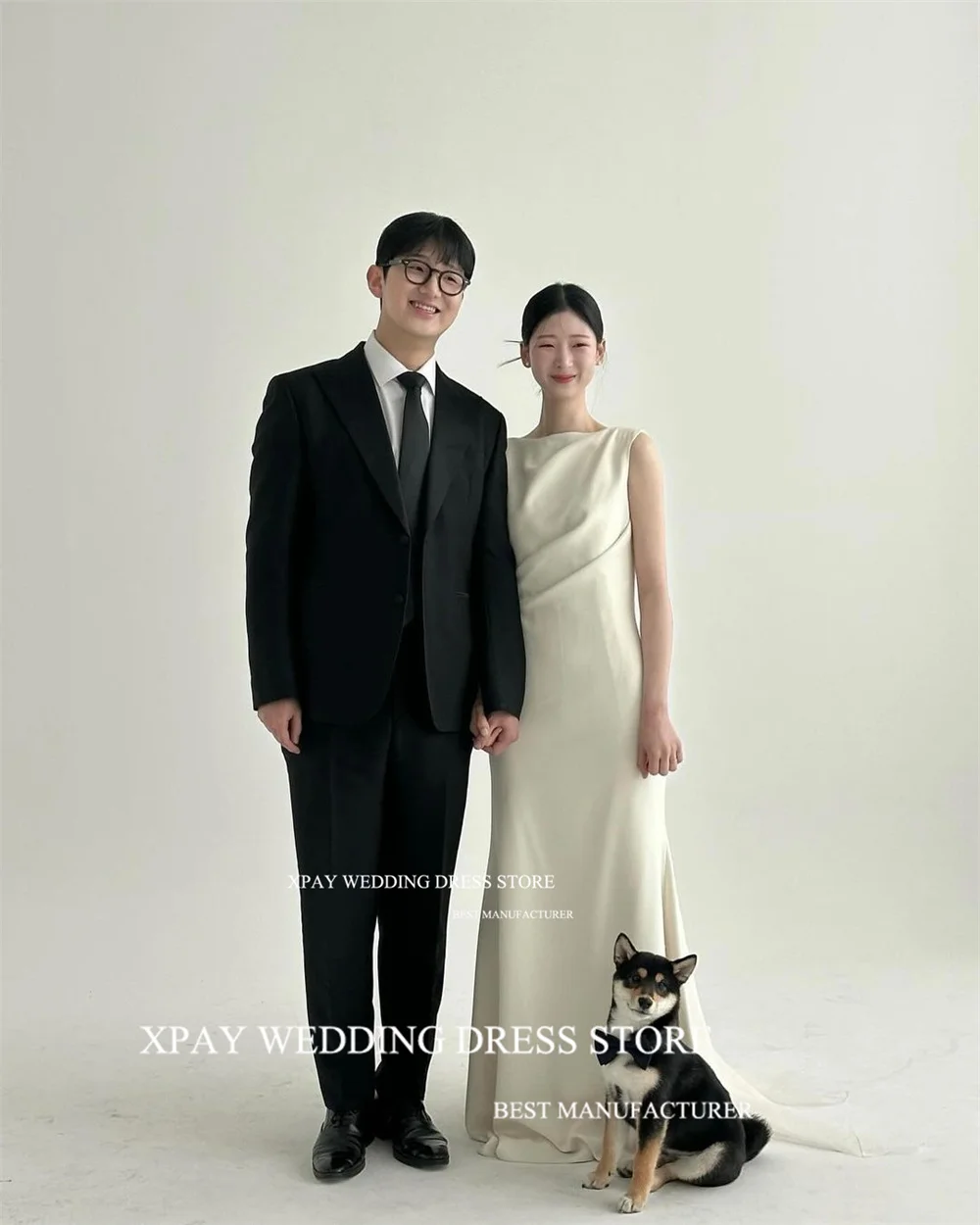 XPAY Simple O Neck Korea Wedding Dresses Sleeveless Elastic Satin Bride Photos Shoot Dress Custom Made Floor Garden Bridal Gown 3