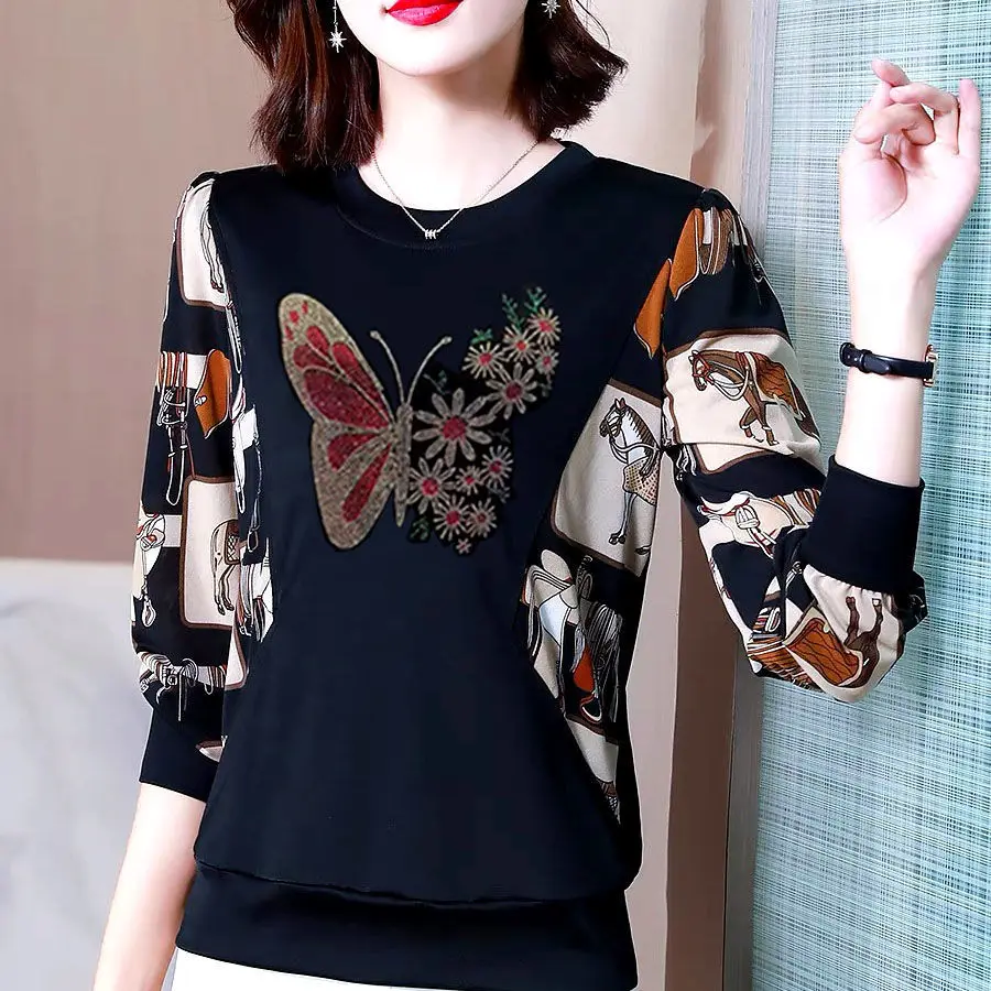 

Thin /Thick Bottoming Shirt Plus Velvet Long-sleeved T-shirt Women's Autumn Winter New Diamond-studded Round Collar Top