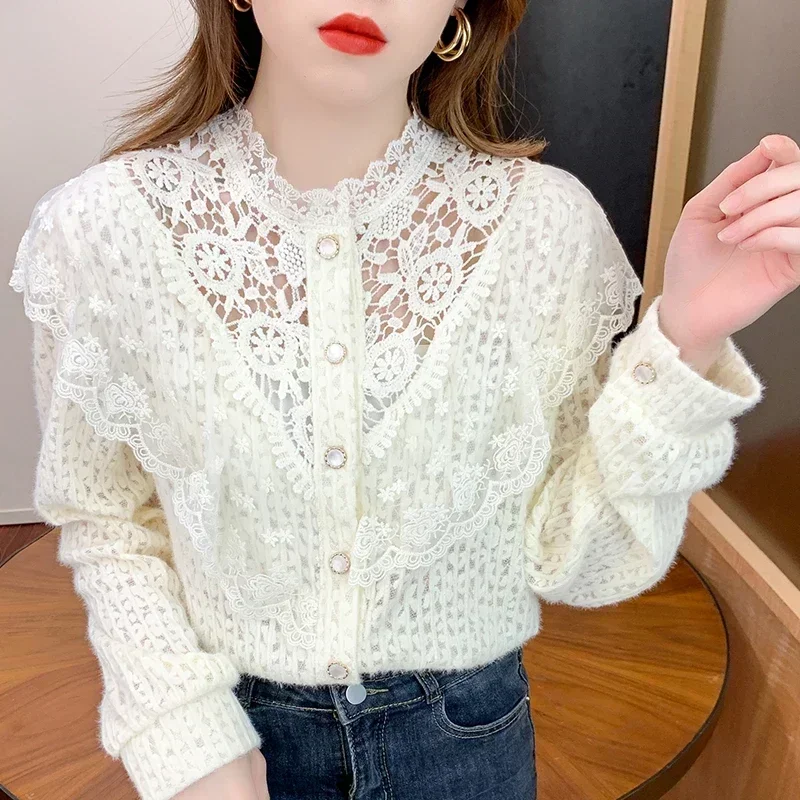 

Женская офисная блузка с длинным рукавом, элегантная Свободная блузка с воротником-стойкой, винтажная кружевная рубашка абрикосового цвета, осень 29310