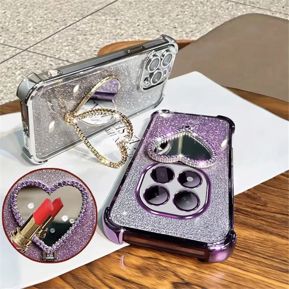 Glitter Heart Mirror Phone Case - Shockproof Silicone Cover with Holder Bracket