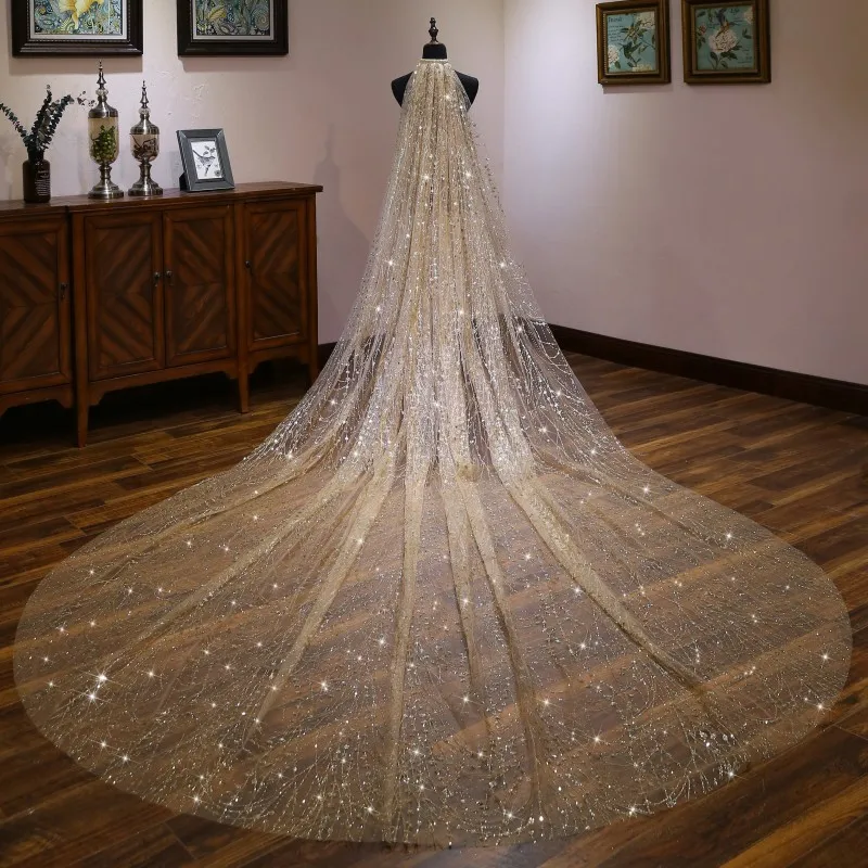 Sparkly Gold Long Wedding Veils Sequin 3M Wedding Decoration Accessories 2022 Bling Cathedral Train Bridal Veil Luxury Bride