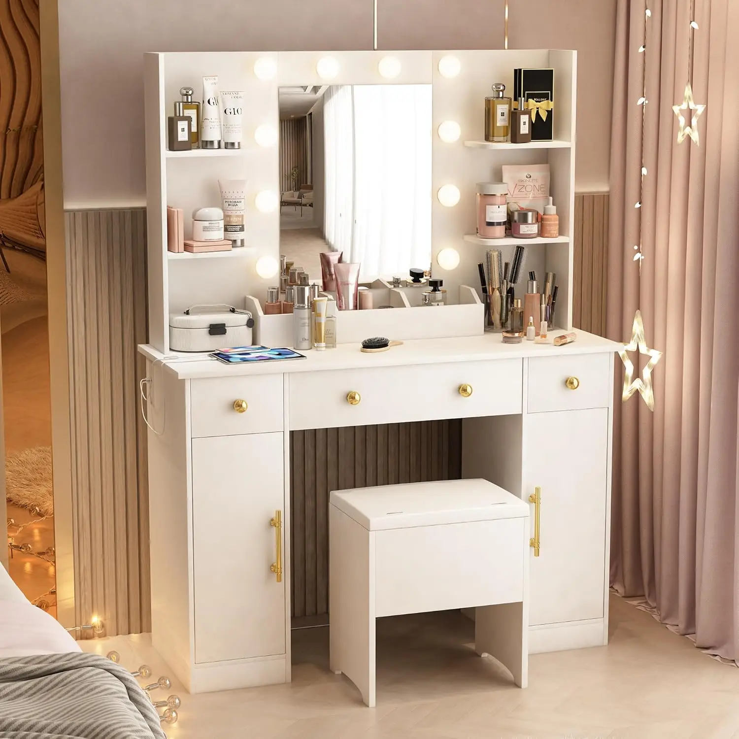 Vanity Desk with Mirror and Lights, 43'' Dressing Table Set with 5 Drawers & Cushion Chair, Power Strip, 3 Lighting Color Adjust