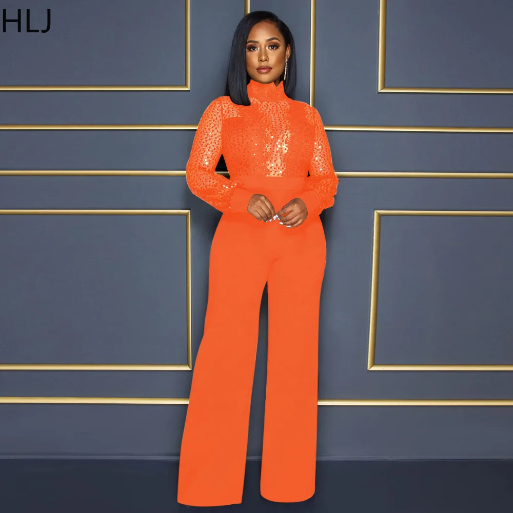 HLJ Sexy Mesh Sequin Perspective Party Club Jumpsuits Women Round Neck Long Sleeve Slim Playsuits Female Solid One Piece Overall