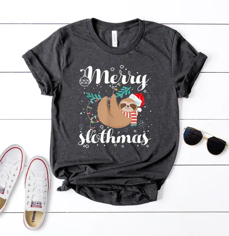 

Sloth Christmas Shirt, Merry Slothmas Christmas Pajama for Sloth Lovers, Merry Slothmas Short Sleeve Top Tees O Neck Streetwear