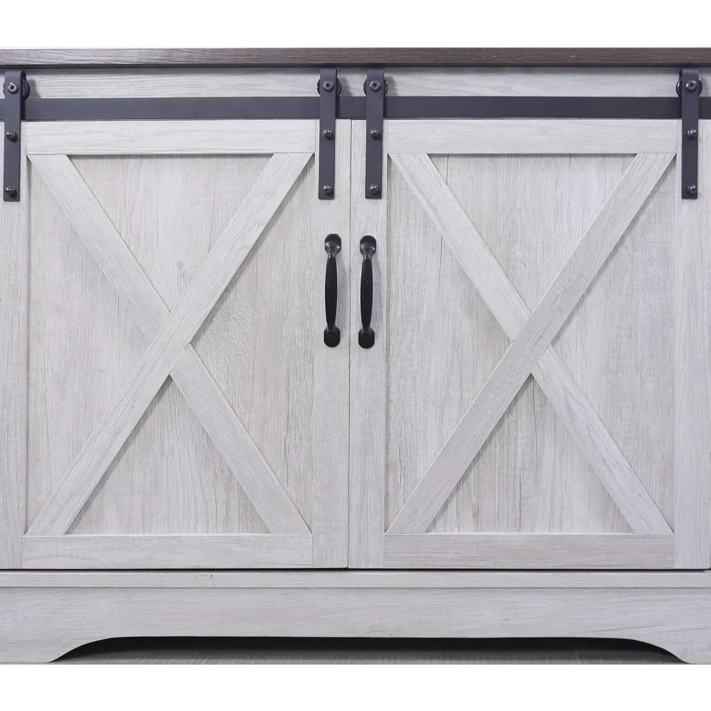TV Stand, Storage Cabinet with Sliding Barn Doors and Adjustable Shelves, Modern 28”H, Sargent Oak 4