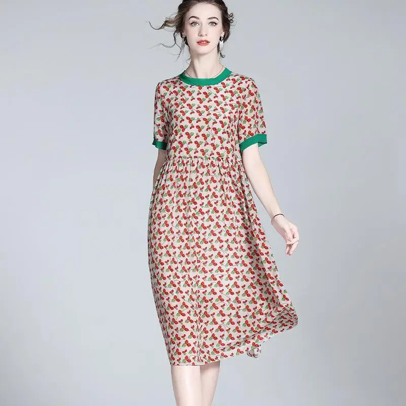 

Casual Floral Mulberry Silk Midi Summer Loose 4Xl Size Short Sleeve Dress Women Elegant Bodycon Vestidos