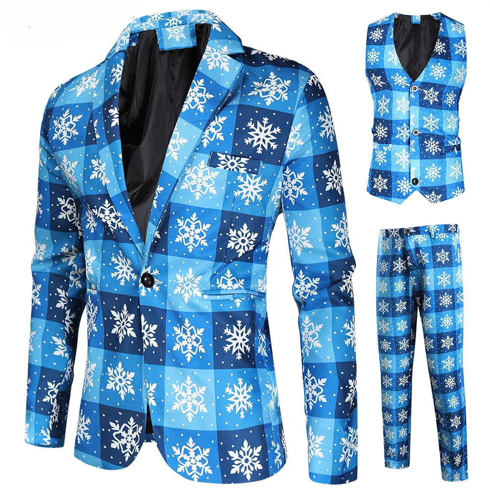 thumbnail image 1 of Traje de 3 piezas para fiesta de Navidad para hombre, traje de corte Regular con copos de nieve, sombrero de Papá Noel, chaqueta estampada, chaqueta, pantalones, chaleco, uniforme para niños para Navi, 1 of 4