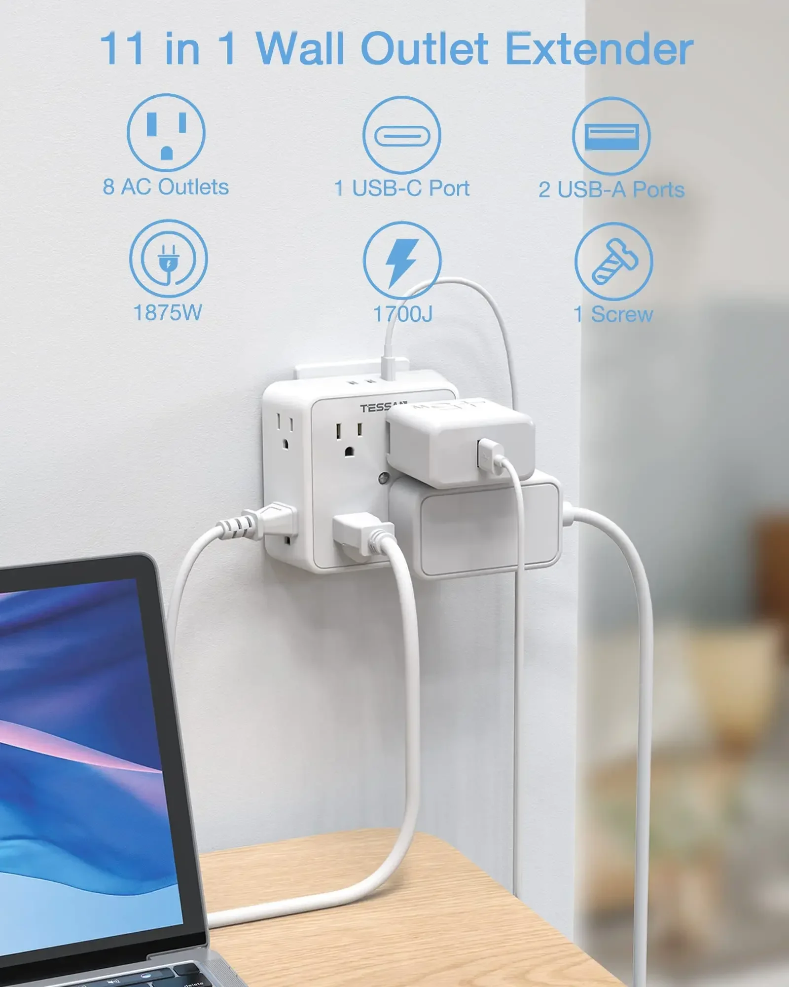TESSAN Multi Wall Outlet Splitter with 8 AC Outlets 3 USB Type C Surge Protector Multi Outlet Extender For Home Office Dorm