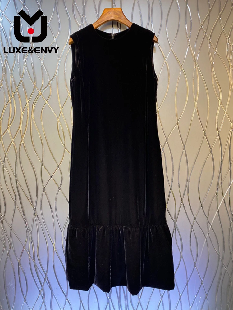 

LUXE&ENVY 2023 Spring/Summer New Women's Sleeveless Simple Gloss Luxury Velvet Long Dress 2023 Autumn