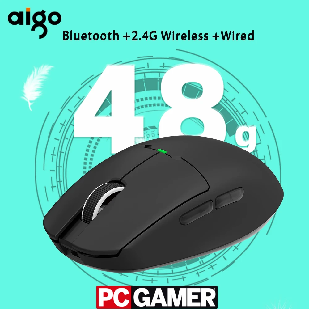 Aigo GM80 Mouse Bluetooth da Gioco, 2.4G wireless cablato tri-mode, ricaricabile, sensore PAW3395, 26000 dpi, 48 g leggero, macro gaming mouse