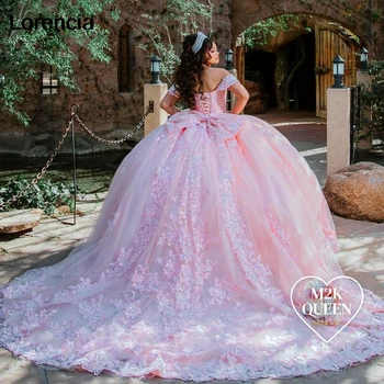 Customized Pink Quinceanera Dress Ball Gown Flowers Applique Beading Bow Mexico Corset Sweet 16 Vestidos De 15 Años YQD943