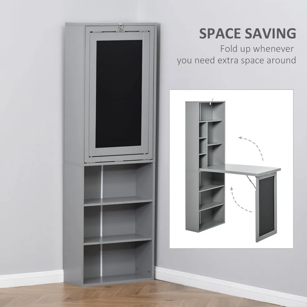 Fold-Out Convertible Writing Table Wall Mount Desk Cabinet with Blackboard and Side Shelf Multi-Function Home Office Work 5
