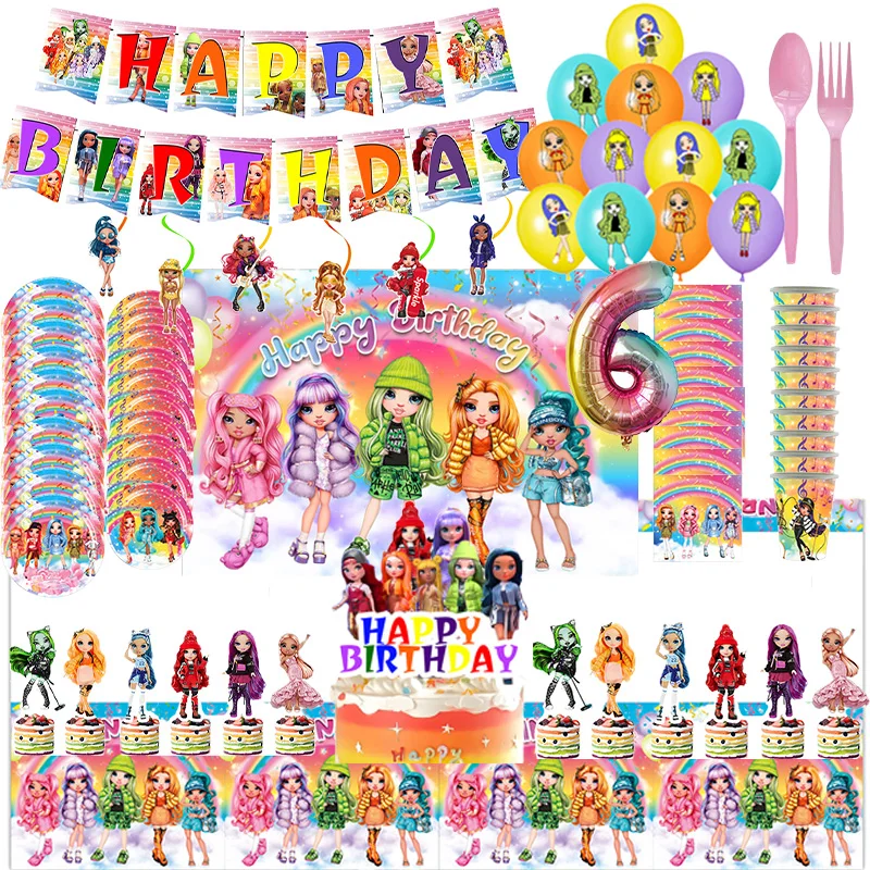 Arco-íris alta boneca aniversário festa decoração, balão, bandeira, bolo Topper, talheres suprimentos, chuveiro do bebê