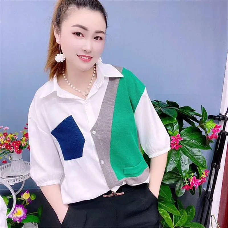 

2024 NEW Summer Autumn Shirt Blouse Women's Korean Version Loose Spliced Short Sleeved Fashion Bottoming Shirt Female shirt