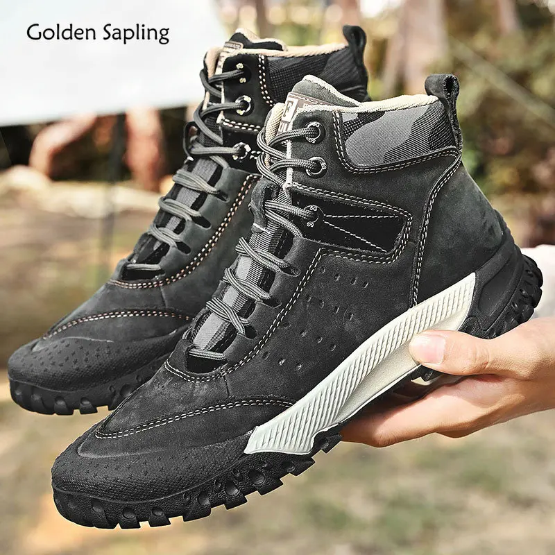 Golden Sapling Tactical Boots for Men Genuine Leather Shoes Comfortable Platform Flats Men's Winter Boot Outdoor Trekking Shoe