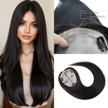 Topper per capelli umani da 24 pollici con clip in veri capelli brasiliani Remy Base in seta Parrucchino per capelli lunghi da donna Frontale in pizzo extra traspirante