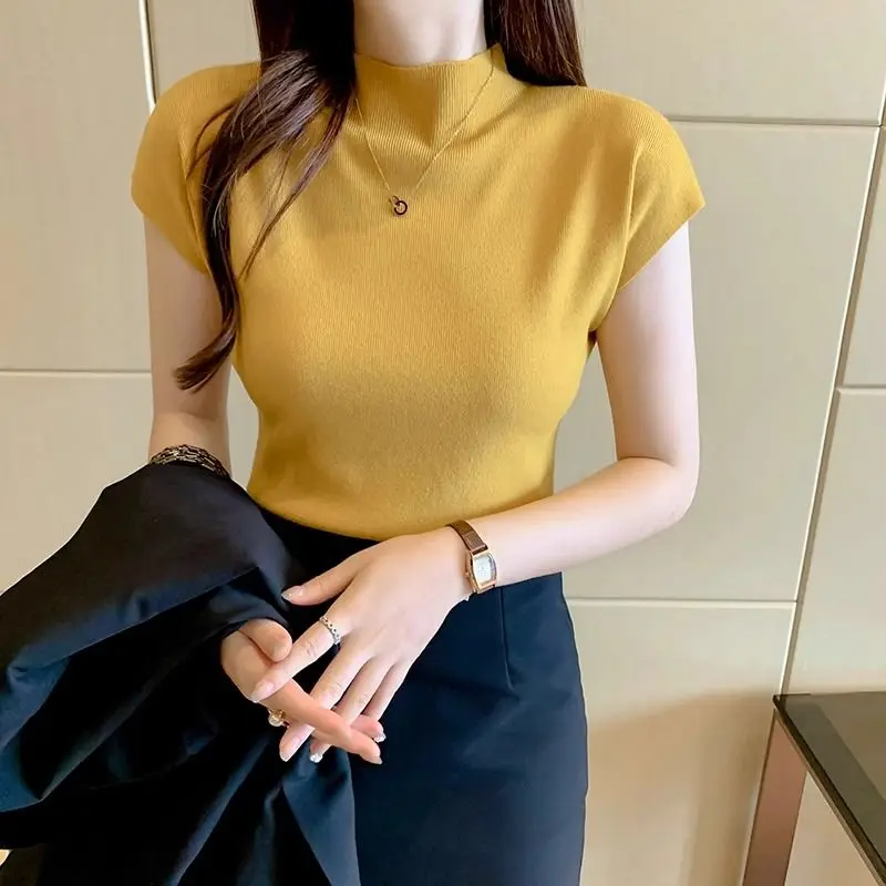 2025 Summer Sexy Women Basic Knitted Turtleneck Short Sleeve T-shirt Ladies Slim Elasticity Cotton Tops Streetwear Basics Tees Best Sellers In Women's Clothing