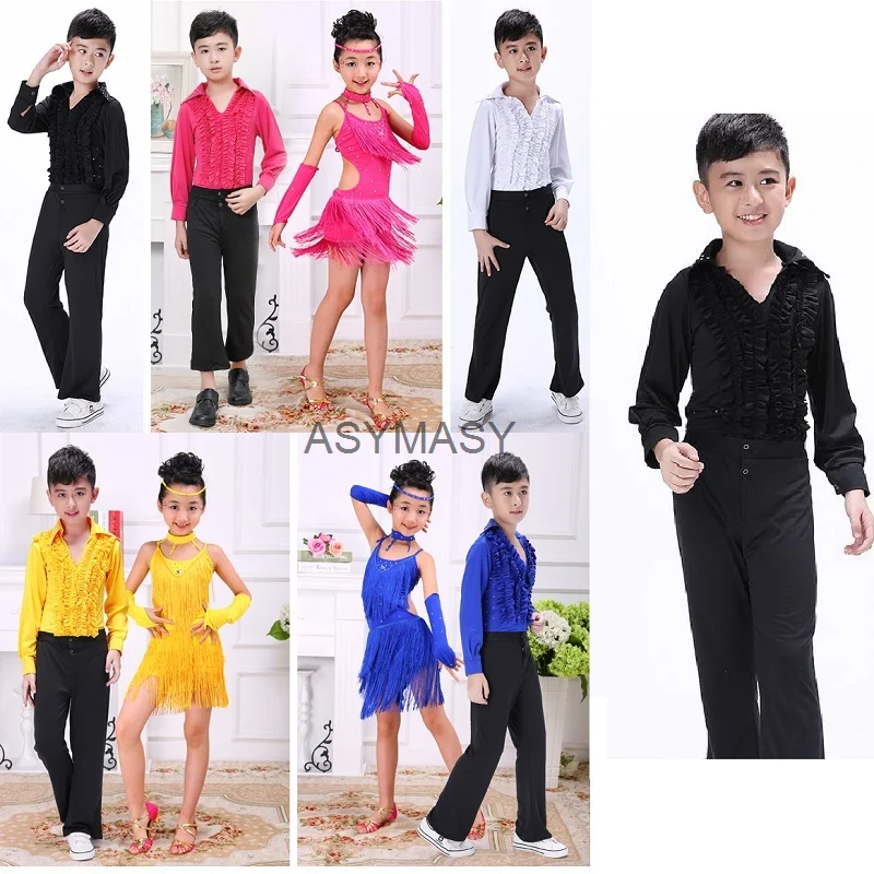 Boy girls Latin Dancewear Latin Dance Exercise Ruffly Ballroom Stage Modern Dance training Clothes Shirt pants dress