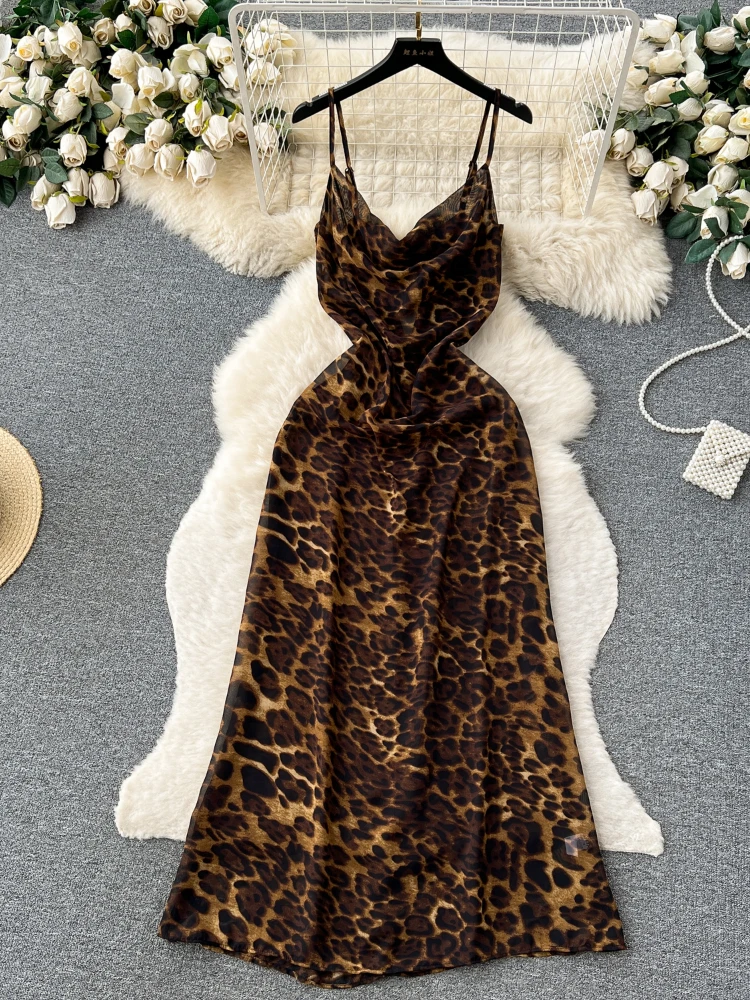 

Ins Sexy Leopard Print Suspender Dress for Women's Summer Dangling Collar Club Slim Hot Evening Long Dresses