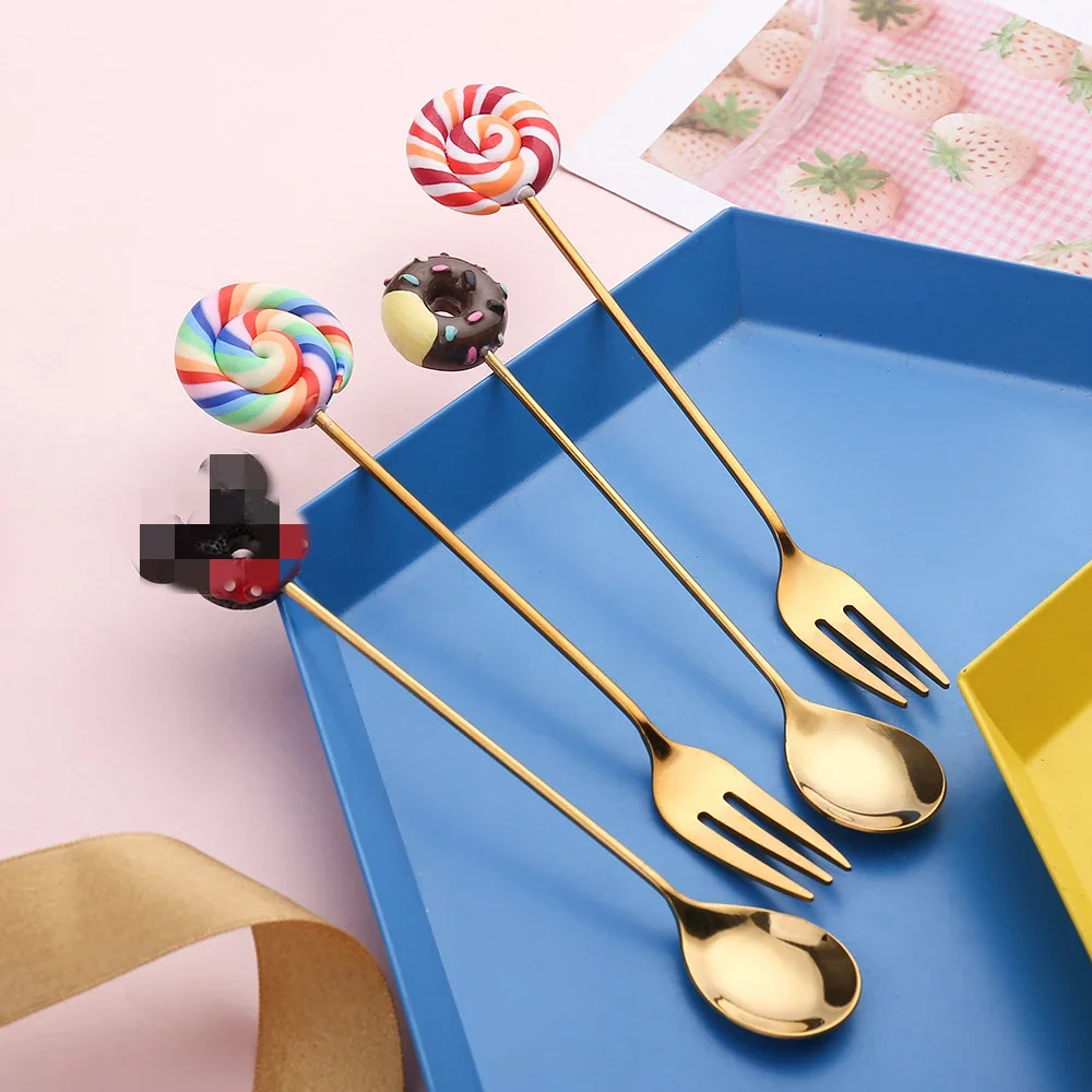 Stainless Steel Spoon Fork Cute Version Rainbow Lollipop Donut Macaron Dessert Spoons Fruit Forks Kids Set Kitchen Accessories stainless steel spoons stainless steel spoons forks stainless steel forks
