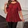 Plus Size Women's Solid Elegant Pleated Short Sleeve Tunic Tops Ladies Summer O-Neck Casual Pullover T Shirts Tee Size 1XL-5XL