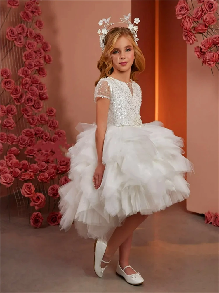 

Flower Girl Dress Gorgeous Short-sleeved Tulle Lace Layered Princess Ball First Communion Dresses Kids Surprise Birthday Present